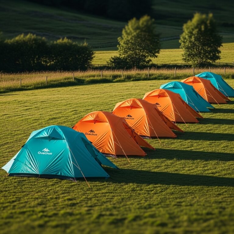 Multiple camping tents set up on grass for group or event rental in the Algarve, Portugal