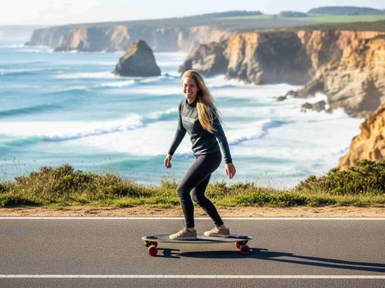 Person riding a longboard from Faro Surf Rentals by the cliffs of the Algarve, Portugal