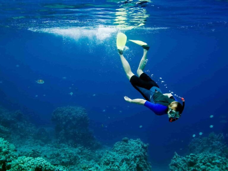 Person snorkeling in clear blue water in the Algarve, Portugal