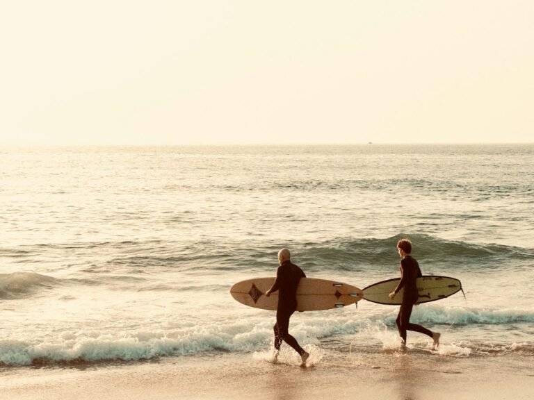 Two surfers walking into the sea with their boards at sunset