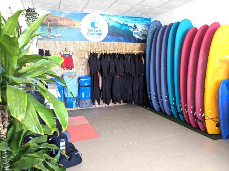 Faro Surf Rentals shop with surfboards and SUP boards near Faro Airport