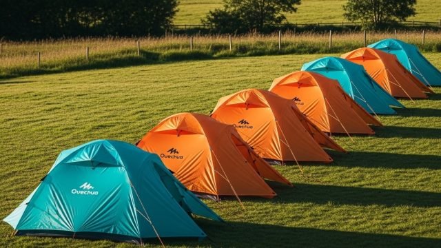 Multiple camping tents set up on grass for group or event rental in the Algarve, Portugal